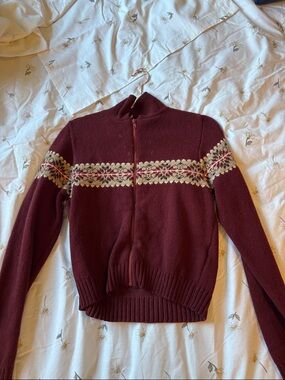 Brandy Melville Burgundy Fair Isle Zip-Up Sweater